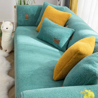 Spa green sherpa-style sofa cover with matching cushions