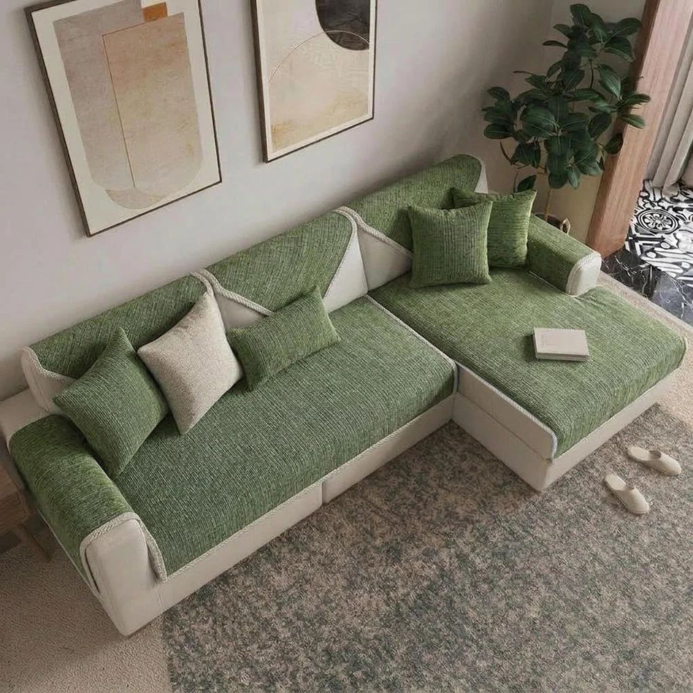 Green anti-scratch chenille sofa cover on an L-shaped sofa