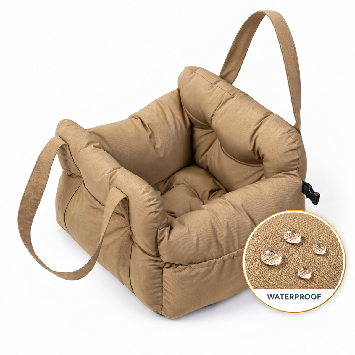 Waterproof Beige (Khaki) dog car seat, with a fabric detail and water droplets