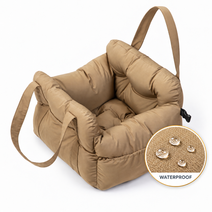 Waterproof Beige (Khaki) dog car seat, with a fabric detail and water droplets