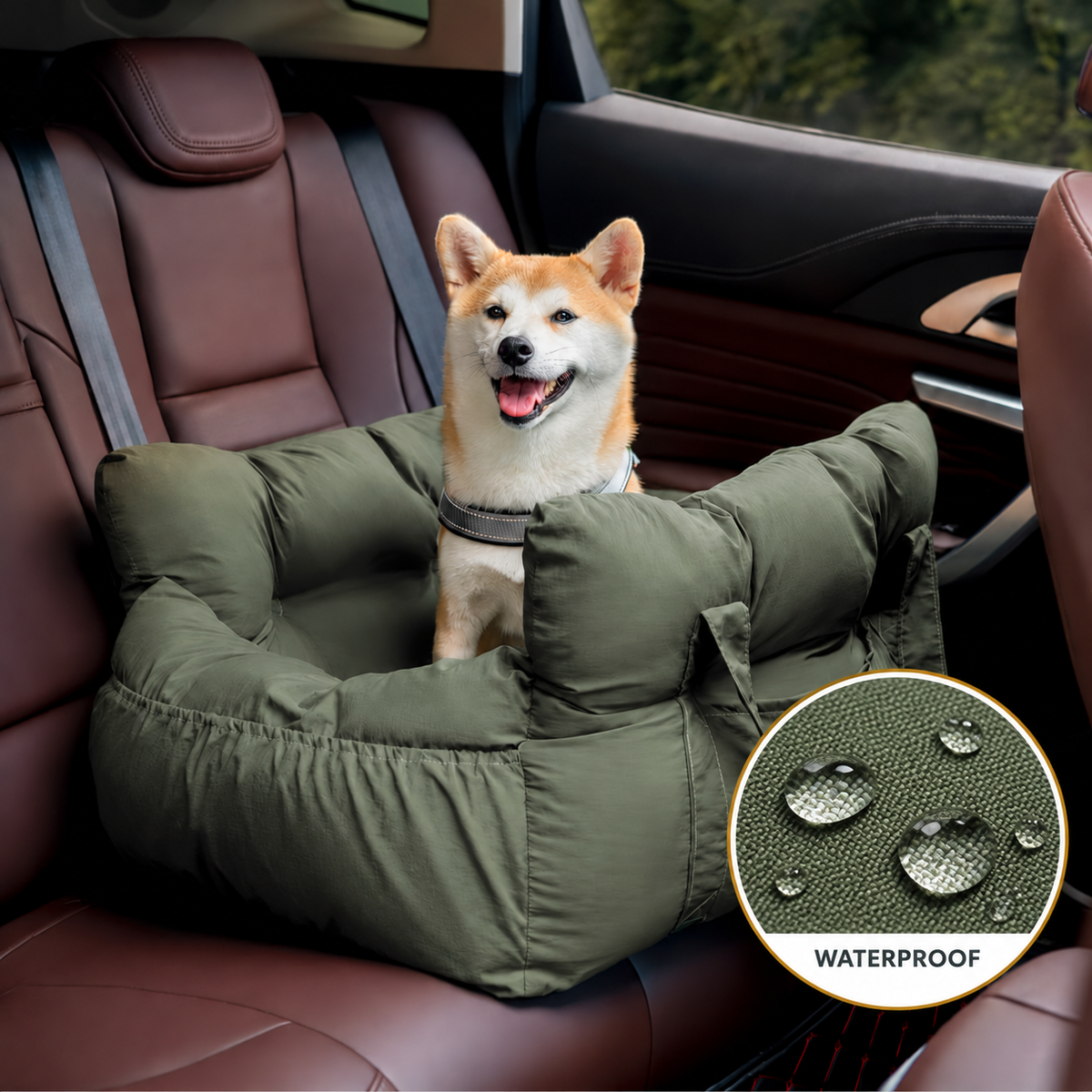 Waterproof Olive Green dog car seat – Two Seat, with a fabric detail and water droplets