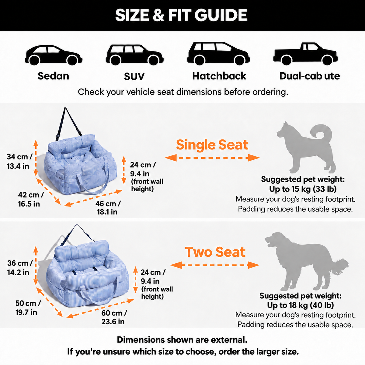 FidoSit size guide: Single Seat up to 15 kg (33 lb), Two Seat up to 18 kg (40 lb). If you're unsure which size to choose, order the larger size.