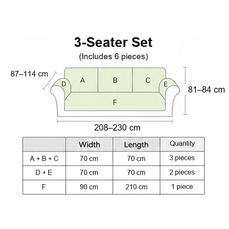 3-seater sofa cover set size table with centimetre measurements and six pieces