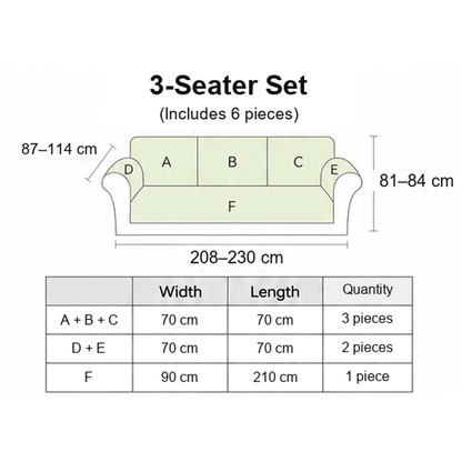 3-seater sofa cover set size table with centimetre measurements and six pieces